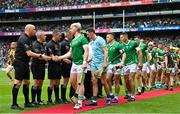 23 July 2023; Limerick captain Cian Lynch shakes hands with the match officials before the GAA Hurling All-Ireland Senior Championship final match between Kilkenny and Limerick at Croke Park in Dublin. Photo by Brendan Moran/Sportsfile