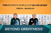 25 July 2023; Kyra Carusa, left, and manager Vera Pauw during a Republic of Ireland press conference at Perth Rectangular Stadium in Perth, Australia, ahead of their second Group B match of the FIFA Women's World Cup 2023, against Canada. Photo by Stephen McCarthy/Sportsfile
