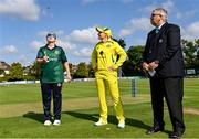 25 July 2023; Ireland captain Laura Delany, left, makes the toss, watched by Australia captain Alyssa Healy and match referee Phil Thompson before match two of the Certa Women’s One Day International Challenge between Ireland and Australia at Castle Avenue in Dublin. Photo by Sam Barnes/Sportsfile