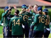 25 July 2023; Ireland players celebrate the wicket of Phoebe Litchfield of Australia during match two of the Certa Women’s One Day International Challenge between Ireland and Australia at Castle Avenue in Dublin. Photo by Sam Barnes/Sportsfile