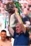 24 July 2023; John Kiely lifts the Liam MacCarthy cup during the homecoming celebrations of the Limerick All-Ireland Senior Hurling Champions at Pery Square in Limerick. Photo by John Sheridan/Sportsfile