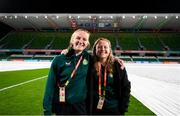 25 July 2023; Courtney Brosnan, left, and Amber Barrett during a Republic of Ireland stadium familiarisation at Perth Rectangular Stadium in Perth, Australia, ahead of their second Group B match of the FIFA Women's World Cup 2023, against Canada. Photo by Stephen McCarthy/Sportsfile