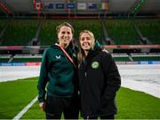 25 July 2023; Niamh Fahey and Denise O'Sullivan, right, during a Republic of Ireland stadium familiarisation at Perth Rectangular Stadium in Perth, Australia, ahead of their second Group B match of the FIFA Women's World Cup 2023, against Canada. Photo by Stephen McCarthy/Sportsfile