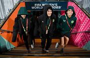 25 July 2023; Izzy Atkinson, left, Grace Moloney and Abbie Larkin, right, during a Republic of Ireland stadium familiarisation at Perth Rectangular Stadium in Perth, Australia, ahead of their second Group B match of the FIFA Women's World Cup 2023, against Canada. Photo by Stephen McCarthy/Sportsfile