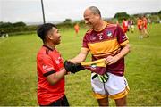 25 July 2023; In Hungchhoing of Cairde Khmer Cambodia and Francisco Marcelo Lynch of Cuenca del Plata during day two of the FRS Recruitment GAA World Games 2023 at the Owenbeg Centre of Excellence in Dungiven, Derry. Photo by Ramsey Cardy/Sportsfile