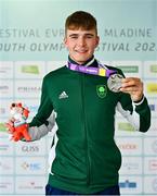 25 July 2023; Conor Murphy of Ireland celebrates with his silver medal after finishing second in the boys time trial final during day two of the 2023 Summer European Youth Olympic Festival at Maribor Edvard Rusjan Airport in Maribor, Slovenia. Photo by Tyler Miller/Sportsfile