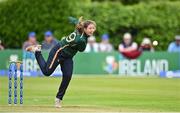 25 July 2023; Cara Murray of Ireland bowls during match two of the Certa Women’s One Day International Challenge between Ireland and Australia at Castle Avenue in Dublin. Photo by Sam Barnes/Sportsfile