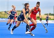 25 July 2023; Katie McKee of Ireland in action against Paula Valdivia of Chile during the women's hockey international match between Ireland and Chile at the Sport Ireland Campus in Dublin. Photo by Ben McShane/Sportsfile