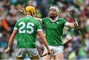 23 July 2023; Cian Lynch, right, and Cathal O'Neill of Limerick celebrate after the GAA Hurling All-Ireland Senior Championship final match between Kilkenny and Limerick at Croke Park in Dublin. Photo by David Fitzgerald/Sportsfile