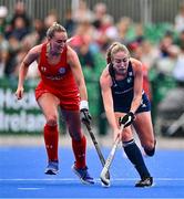 25 July 2023; Sarah Hawkshaw of Ireland in action against María Sofía Filipek  of Chile during the women's hockey international match between Ireland and Chile at the Sport Ireland Campus in Dublin. Photo by Ben McShane/Sportsfile
