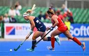 25 July 2023; Caoimhe Perdue of Ireland in action against Constanza María Palma of Chile during the women's hockey international match between Ireland and Chile at the Sport Ireland Campus in Dublin. Photo by Ben McShane/Sportsfile