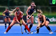 25 July 2023; Francisca Antonia Parra of Chile in action against Charlotte Beggs of Ireland during the women's hockey international match between Ireland and Chile at the Sport Ireland Campus in Dublin. Photo by Ben McShane/Sportsfile