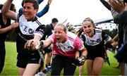 25 July 2023; Brittany players, from left, Marion Mauvais, Anne-Gabrielle Chiras and Servane Maubec celebrate their victory over Iberia during day two of the FRS Recruitment GAA World Games 2023 at the Owenbeg Centre of Excellence in Dungiven, Derry. Photo by Ramsey Cardy/Sportsfile