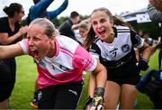25 July 2023; Brittany players Anne-Gabrielle Chiras, left, and Servane Maubec celebrate their victory over Iberia during day two of the FRS Recruitment GAA World Games 2023 at the Owenbeg Centre of Excellence in Dungiven, Derry. Photo by Ramsey Cardy/Sportsfile