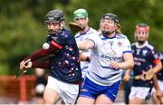 25 July 2023; Oscar Chadenat of France and James Michael Collins of South East 2 during day two of the FRS Recruitment GAA World Games 2023 at the Owenbeg Centre of Excellence in Dungiven, Derry. Photo by Ramsey Cardy/Sportsfile