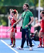 25 July 2023; Ireland head coach Sean Dancer during the women's hockey international match between Ireland and Chile at the Sport Ireland Campus in Dublin. Photo by Ben McShane/Sportsfile