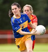 25 July 2023; Rebecca Mills of Parnells and Eadaoin Devine of Round Towers London during day two of the FRS Recruitment GAA World Games 2023 at the Owenbeg Centre of Excellence in Dungiven, Derry. Photo by Ramsey Cardy/Sportsfile