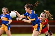 25 July 2023; Rebecca Mills of Parnells and Sarah Quigley of Round Towers London during day two of the FRS Recruitment GAA World Games 2023 at the Owenbeg Centre of Excellence in Dungiven, Derry. Photo by Ramsey Cardy/Sportsfile