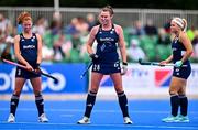 25 July 2023; Ireland players, from left, Sarah McAuley, Deirdre Duke and Caoimhe Perdue during the women's hockey international match between Ireland and Chile at the Sport Ireland Campus in Dublin. Photo by Ben McShane/Sportsfile