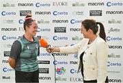 25 July 2023; Laura Delany of Ireland is interviewed by Isobel Joyce after match two of the Certa Women’s One Day International Challenge between Ireland and Australia at Castle Avenue in Dublin. Photo by Sam Barnes/Sportsfile