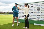 25 July 2023; Player of the match Ellyse Perry of Australia is interviewed by Isobel Joyce during match two of the Certa Women’s One Day International Challenge between Ireland and Australia at Castle Avenue in Dublin. Photo by Sam Barnes/Sportsfile