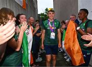 25 July 2023; Conor Murphy of Ireland is congratulated on his return to the athletes village by Ireland competitors and staff after winning silver in the boys time trial final during day two of the 2023 Summer European Youth Olympic Festival at Maribor Edvard Rusjan Airport in Maribor, Slovenia. Photo by Tyler Miller/Sportsfile
