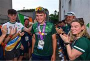 25 July 2023; Conor Murphy of Ireland is congratulated on his return to the athletes village by Ireland competitors and staff after winning silver in the boys time trial final during day two of the 2023 Summer European Youth Olympic Festival at Maribor Edvard Rusjan Airport in Maribor, Slovenia. Photo by Tyler Miller/Sportsfile
