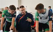 25 July 2023; Ireland coach Gary McKeegan speaks to David Gaffney, left, and Philip O'Connor before the boys time trial final during day two of the 2023 Summer European Youth Olympic Festival at Maribor Edvard Rusjan Airport in Maribor, Slovenia. Photo by Tyler Miller/Sportsfile