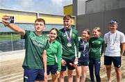25 July 2023; Ireland cyclists, from left, David Gaffney, Greta Lawless, Conor Murphy, Aliyah Rafferty, Kate Murphy and Philip O'Connor pose for a photo after competing in the boys time trial final during day two of the 2023 Summer European Youth Olympic Festival at Maribor Edvard Rusjan Airport in Maribor, Slovenia. Photo by Tyler Miller/Sportsfile