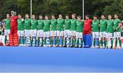 25 July 2023; Ireland players during the playing of Ireland's Call before the Men's EuroHockey Championship Qualifier match between Ireland and Ukraine at the Sport Ireland Campus in Dublin. Photo by Ben McShane/Sportsfile