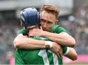 23 July 2023; Limerick players William O'Donoghue, behind, and David Reidy celebrate after their side's victory in the GAA Hurling All-Ireland Senior Championship final match between Kilkenny and Limerick at Croke Park in Dublin. Photo by Piaras Ó Mídheach/Sportsfile