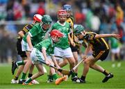 23 July 2023; Caolán McCourt, St. Peter's PS, Newry, Armagh, representing Limerick and Paddy Cronin, Scoil Treasa Naofa, Trá Lí, Ciarrai, representing Limerick, in action against Conor Mahon, Carrig NS, Birr, Offaly, representing Kilkenny during the INTO Cumann na mBunscol GAA Respect Exhibition Go Games at the GAA Hurling All-Ireland Senior Championship final match between Kilkenny and Limerick at Croke Park in Dublin. Photo by Ray McManus/Sportsfile