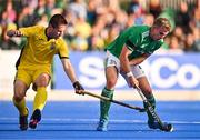 25 July 2023; Conor Empey of Ireland in action against Andrii Koshelenko of Ukraine during the Men's EuroHockey Championship Qualifier match between Ireland and Ukraine at the Sport Ireland Campus in Dublin. Photo by Ben McShane/Sportsfile