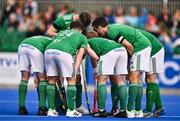 25 July 2023; Ireland players huddle before taking a penalty-corner during the Men's EuroHockey Championship Qualifier match between Ireland and Ukraine at the Sport Ireland Campus in Dublin. Photo by Ben McShane/Sportsfile