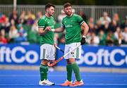 25 July 2023; Shane O'Donoghue of Ireland celebrates with teammate Benjamin Walker after scoring their side's third goal during the Men's EuroHockey Championship Qualifier match between Ireland and Ukraine at the Sport Ireland Campus in Dublin. Photo by Ben McShane/Sportsfile