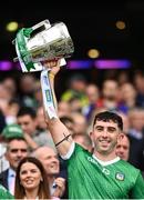 23 July 2023; Aaron Gillane of Limerick lifts the Liam MacCarthy Cup after his side's victory in the GAA Hurling All-Ireland Senior Championship final match between Kilkenny and Limerick at Croke Park in Dublin. Photo by Piaras Ó Mídheach/Sportsfile