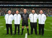 23 July 2023; Referee John Keenan and his umpires, left to right, Paul Reville, Turin, David Clune, Delvin, Tommy Redmond, Tinahely and Eddie Leonard, St Patrick’s, before the GAA Hurling All-Ireland Senior Championship final match between Kilkenny and Limerick at Croke Park in Dublin. Photo by Ray McManus/Sportsfile