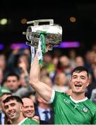 23 July 2023; Kyle Hayes of Limerick lifts the Liam MacCarthy Cup after his side's victory in the GAA Hurling All-Ireland Senior Championship final match between Kilkenny and Limerick at Croke Park in Dublin. Photo by Piaras Ó Mídheach/Sportsfile