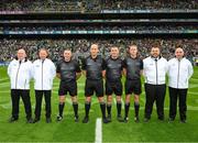 23 July 2023; Match officials, left to right, umpires Paul Reville, David Clune, standby referee Liam Gordon, referee John Keenan, linesnman James Owens, sideline official Shane Hynes and umpires Tommy Redmond and Eddie Leonard, before the GAA Hurling All-Ireland Senior Championship final match between Kilkenny and Limerick at Croke Park in Dublin. Photo by Ray McManus/Sportsfile