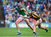 23 July 2023; Gearóid Hegarty of Limerick is tackled by Paddy Deegan of Kilkenny during the GAA Hurling All-Ireland Senior Championship final match between Kilkenny and Limerick at Croke Park in Dublin. Photo by Ray McManus/Sportsfile
