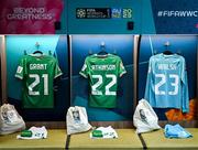 26 July 2023; The jersey's of Ciara Grant, Izzy Atkinson and Megan Walsh hang in the Republic of Ireland dressing room before the FIFA Women's World Cup 2023 Group B match between Canada and Republic of Ireland at Perth Rectangular Stadium in Perth, Australia. Photo by Stephen McCarthy/Sportsfile