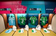 26 July 2023; The jersey's of Courtney Brosnan, Claire O'Riordan, Chloe Mustaki and Louise Quinn hang in the Republic of Ireland dressing room before the FIFA Women's World Cup 2023 Group B match between Canada and Republic of Ireland at Perth Rectangular Stadium in Perth, Australia. Photo by Stephen McCarthy/Sportsfile