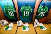 26 July 2023; The jersey's of Kyra Carusa, Abbie Larkin and Marissa Sheva hang in the Republic of Ireland dressing room before the FIFA Women's World Cup 2023 Group B match between Canada and Republic of Ireland at Perth Rectangular Stadium in Perth, Australia. Photo by Stephen McCarthy/Sportsfile