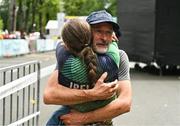 26 July 2023; Greta Lawless of Team Ireland is embraced by her father David after competing in the girls cross country during day three of the 2023 Summer European Youth Olympic Festival at Bike Park Pohorje in Maribor, Slovenia. Photo by Tyler Miller/Sportsfile