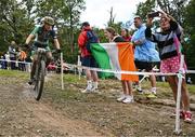 26 July 2023; Greta Lawless of Team Ireland is cheered on by her sister Jeanne while competing in the girls cross country during day three of the 2023 Summer European Youth Olympic Festival at Bike Park Pohorje in Maribor, Slovenia. Photo by Tyler Miller/Sportsfile