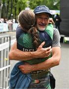 26 July 2023; Greta Lawless of Team Ireland is embraced by her father David after competing in the girls cross country during day three of the 2023 Summer European Youth Olympic Festival at Bike Park Pohorje in Maribor, Slovenia. Photo by Tyler Miller/Sportsfile