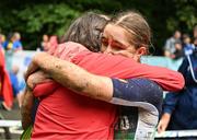 26 July 2023; Greta Lawless of Team Ireland is embraced by her mother Shirley after competing in the girls cross country during day three of the 2023 Summer European Youth Olympic Festival at Bike Park Pohorje in Maribor, Slovenia. Photo by Tyler Miller/Sportsfile