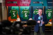 26 July 2023; RTÉ television commentator George Hamilton records a 'piece to camera' from the Republic of Ireland dressingroom before the FIFA Women's World Cup 2023 Group B match between Republic of Ireland and Canada at Perth Rectangular Stadium in Perth, Australia. Photo by Stephen McCarthy/Sportsfile