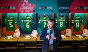 26 July 2023; RTÉ television commentator George Hamilton records a 'piece to camera' from the Republic of Ireland dressingroom before the FIFA Women's World Cup 2023 Group B match between Republic of Ireland and Canada at Perth Rectangular Stadium in Perth, Australia. Photo by Stephen McCarthy/Sportsfile