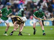 23 July 2023; Billy O'Donovan, Sacred Heart NS, Ballygall, Dublin, representing Kilkenny, in action against Paddy Ketterick, Brackloon NS, Westport, Mayo, representing Limerick, 2, and Cathal Murnane, Scoil Dean Cussen, Bruff, Limerick, representing Limerick, during the INTO Cumann na mBunscol GAA Respect Exhibition Go Games at the GAA Hurling All-Ireland Senior Championship final match between Kilkenny and Limerick at Croke Park in Dublin. Photo by Piaras Ó Mídheach/Sportsfile